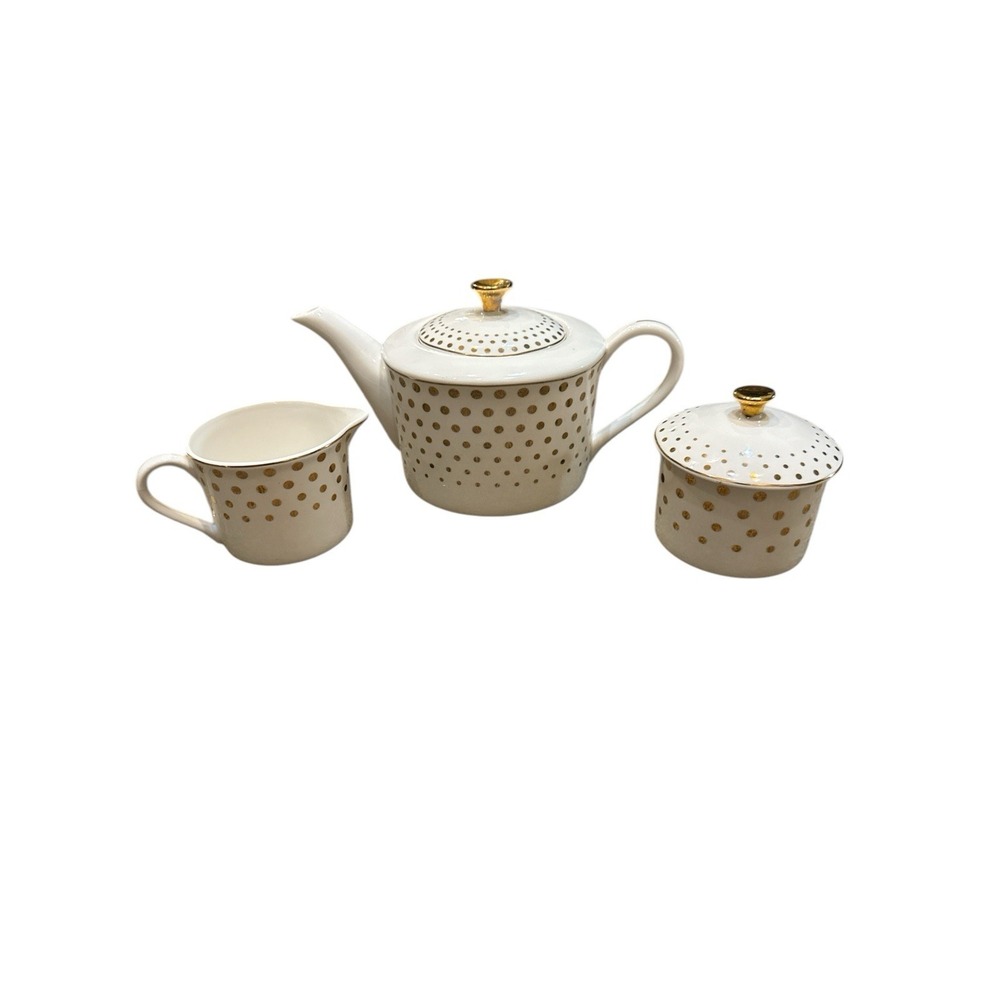 Grace's Teaware Teapot With Creamer & Sugar Bowl White‎ With Gold Polka Dots